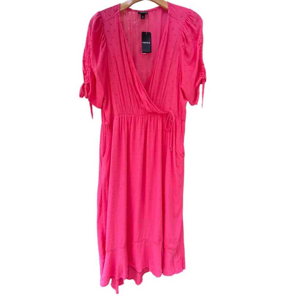 TORRID Pink Midi Swiss Surplice Faux Wrap Elastic Waist Short Sleeve Dress NWT